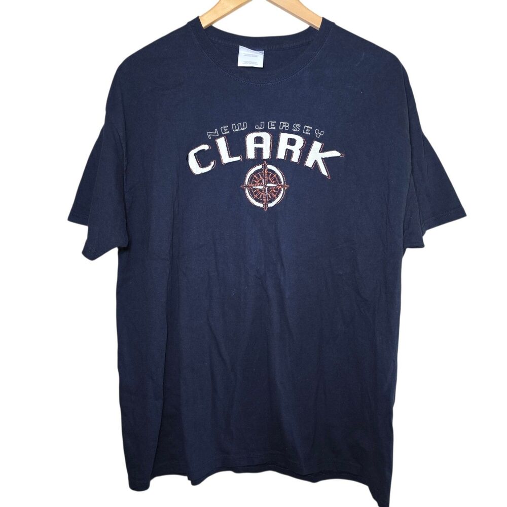 Hanes Heavyweight Mens XL New Jersey Clark Applique Compass T Shirt Navy Hole